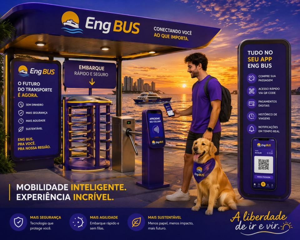 Terminal aquaviário T-QUAI com cobertura de vidro e iluminação LED ao entardecer